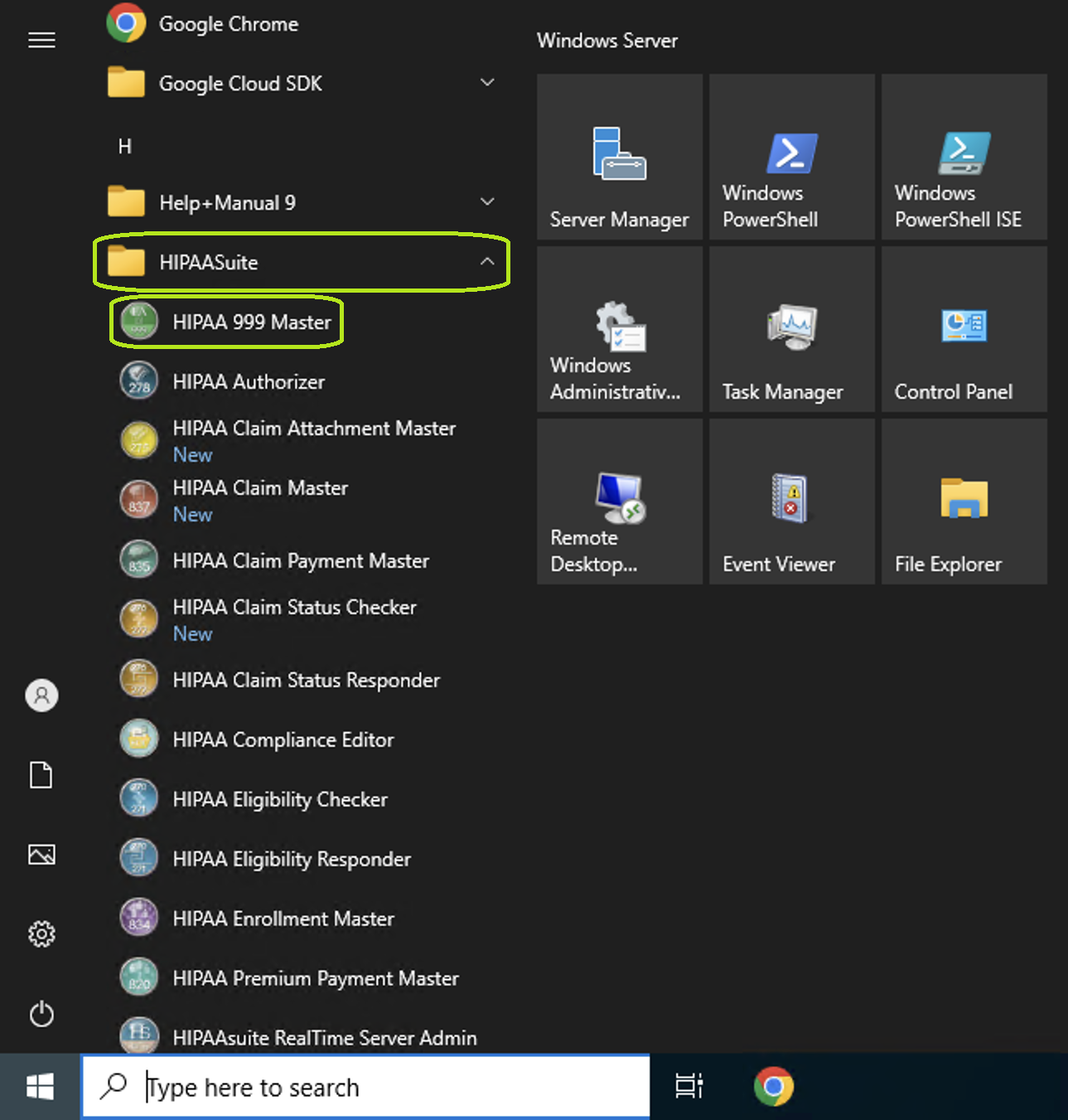 The HIPAA 999 Master application is launched from the "Start" menu.
