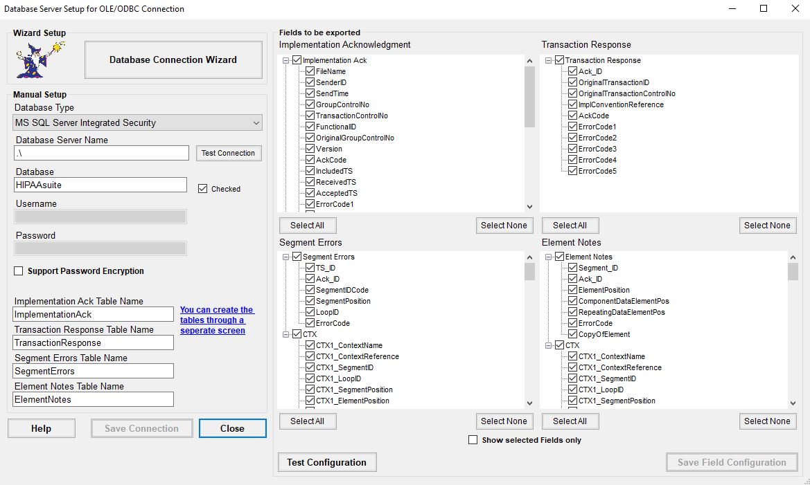 The "Database Server Setup for OLE/ODBC Connection" window.
