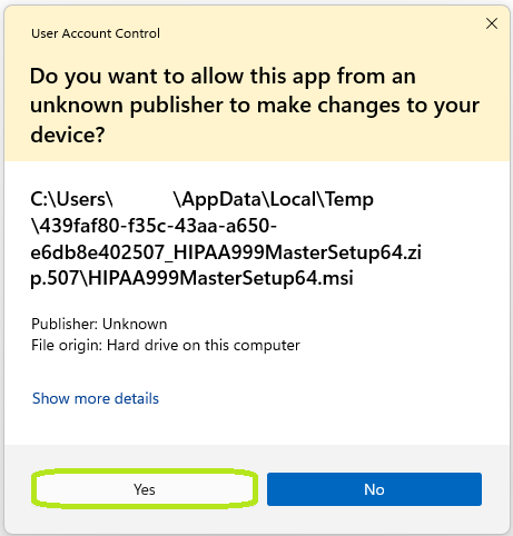 "Unknown Publisher" pop-up.