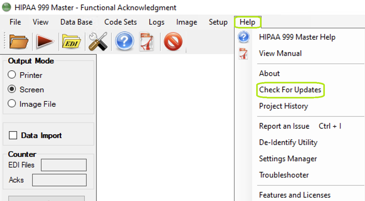 The "Check for Updates" option is under the "Help" drop-down menu.