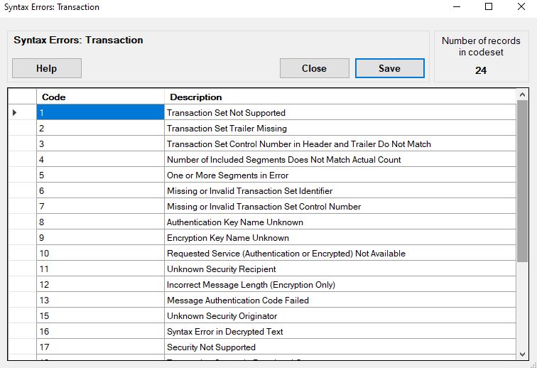 The "Syntax Errors: Transaction" code set window.