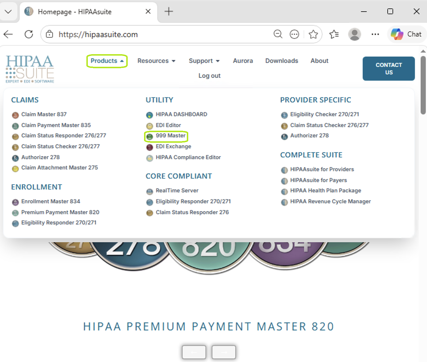 The "999 Master FA" option is under the Products drop-down menu.