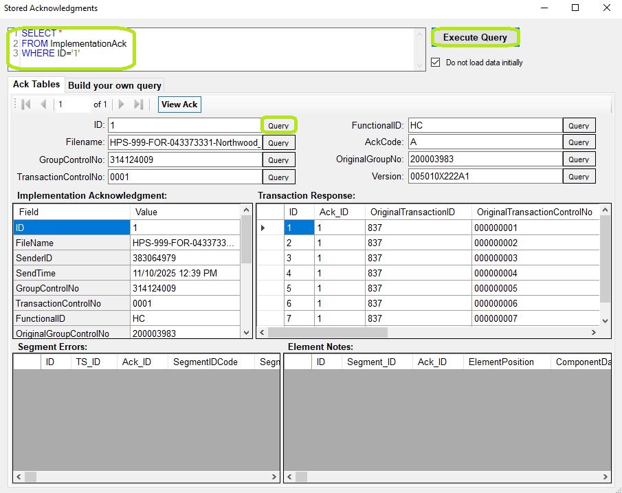 The "Stored Acknowledgments" window is showing an acknowledgment from the database.