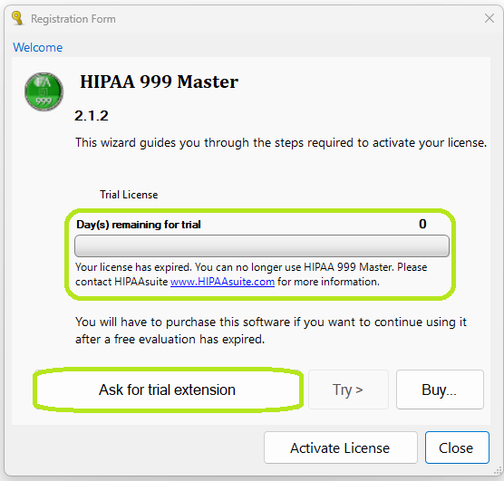 The �Registration Form� window shows an expired trial license.
