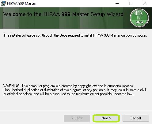 The HIPAA 999 Master Setup Wizard Window.