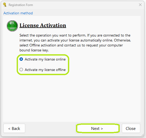 Choose between online or offline activation.