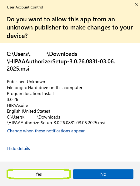 "Unknown Publisher" pop-up.