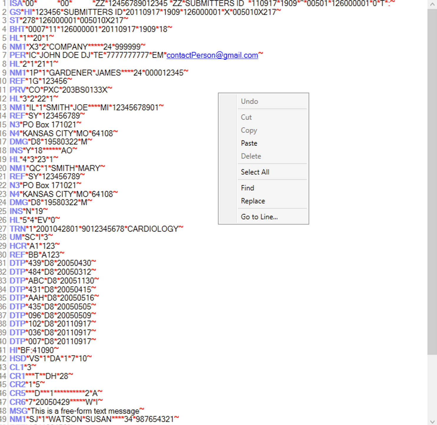 The floating menu of the EDI editor. right-click anywhere in the text to make it appear.