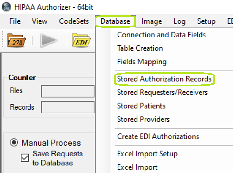 The "Stored Authorization Records" option is under the "Database" tab.