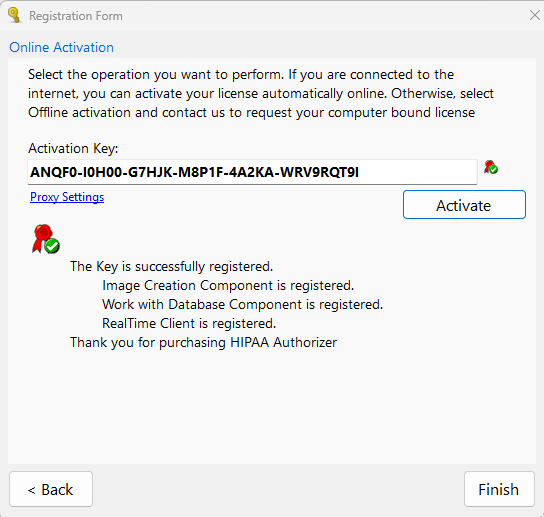 The "Registration Form" window with a successful key activation for a trial renewal.