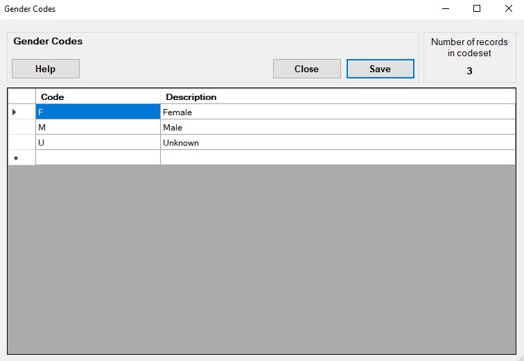 The "Gender Codes" code set window.
