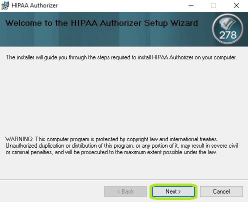 The "HIPAA Authorizer" window with the setup wizard.