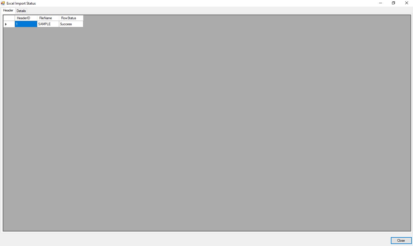 The "Excel Import Status" window is displaying the "Header" tab.