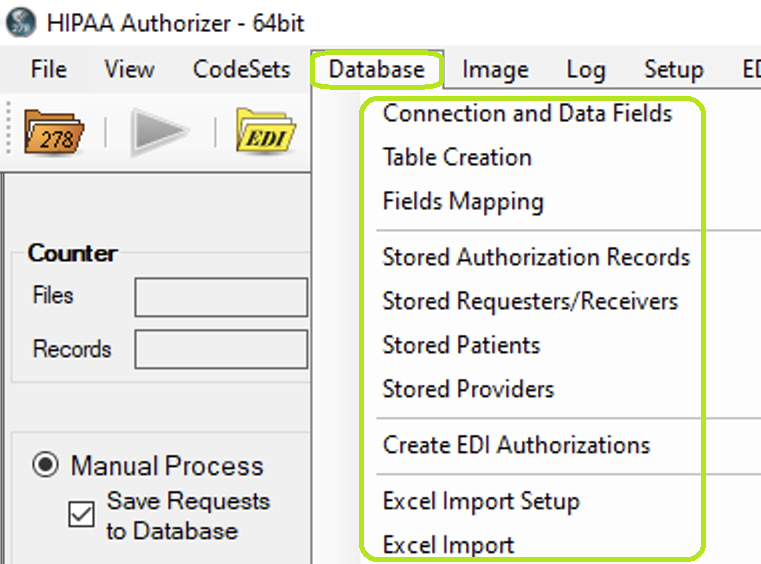 The "Database" tab and options in the main window.