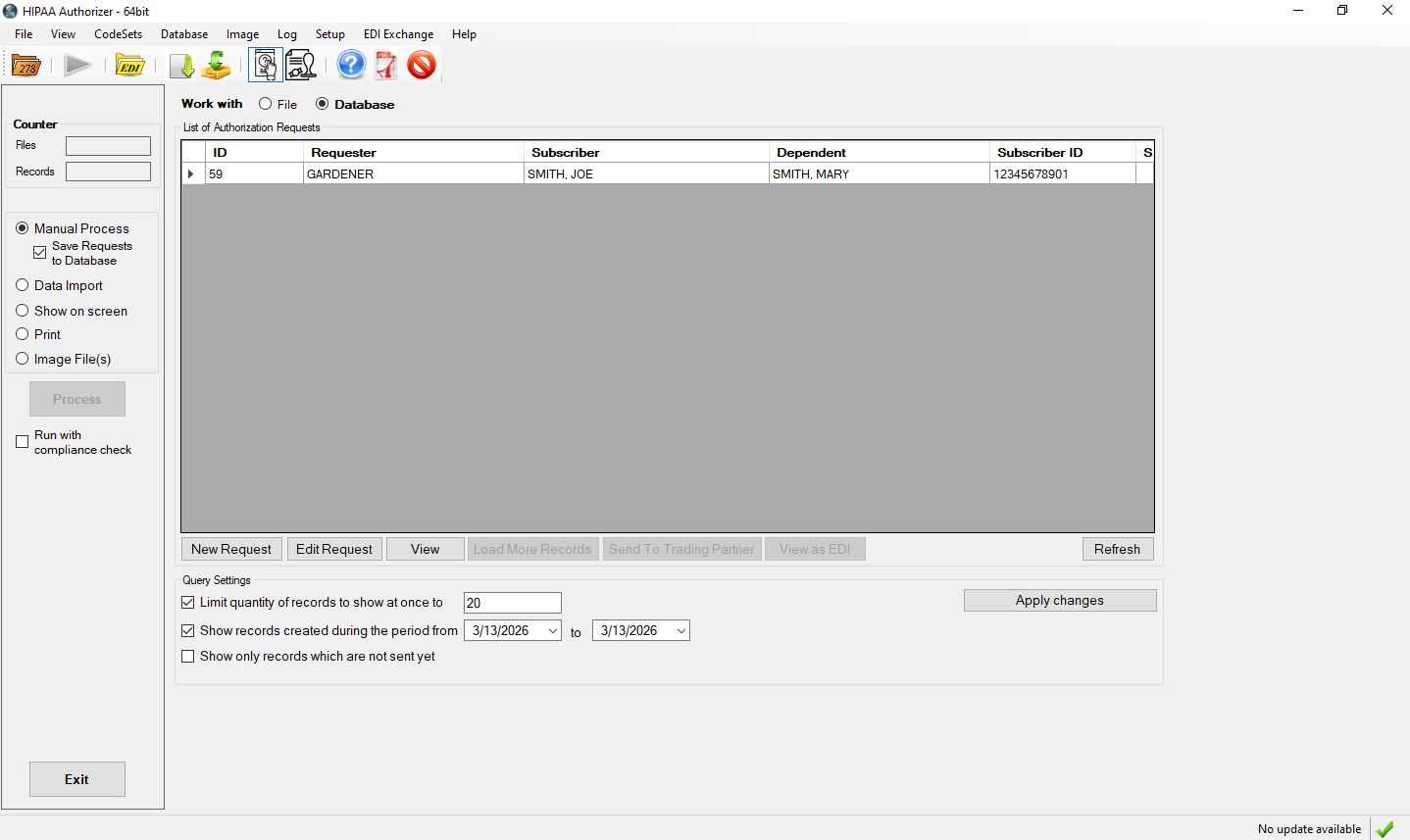 The main form in request mode.