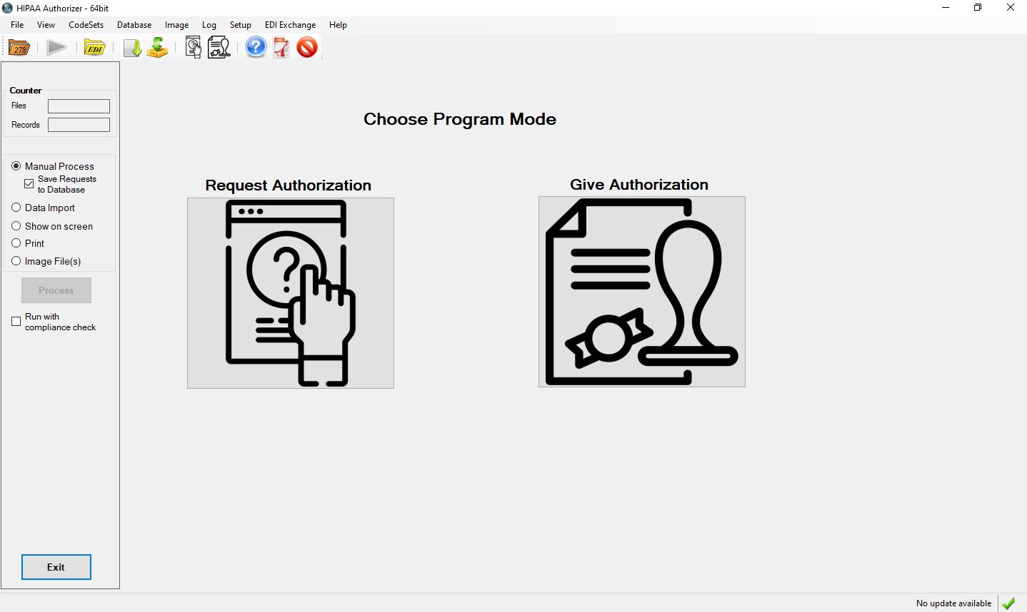 The main menu window of HIPAA Authorizer.