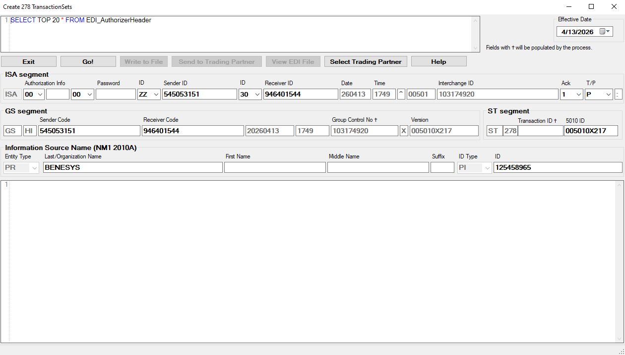 The "Create 278 Transaction Sets" window.