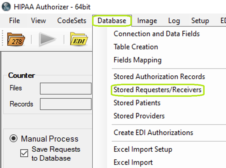 "Stored Authorization Requesters/Receivers" under "Database" in the main menu.