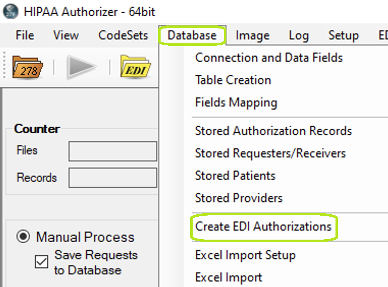 The "Create EDI Authorizations" optionis under the "Database" tab.
