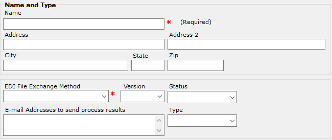 The "Name and Type' box with the fields for the Trading Partner information.