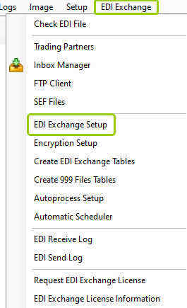 The "EDI Exchange Setup" option is under the "EDI Exchange" tab.