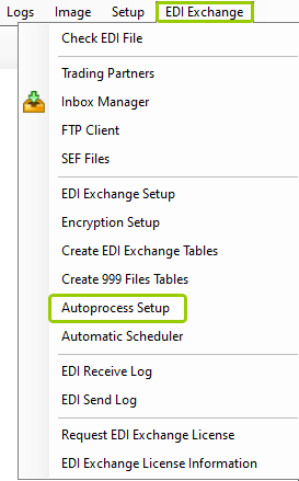 The "Autoprocess Setup" option is under the "EDI Exchange" tab.