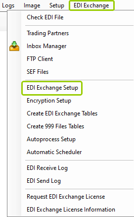 The "EDI Exchange Setup" option is under the "EDI Exchange" tab.
