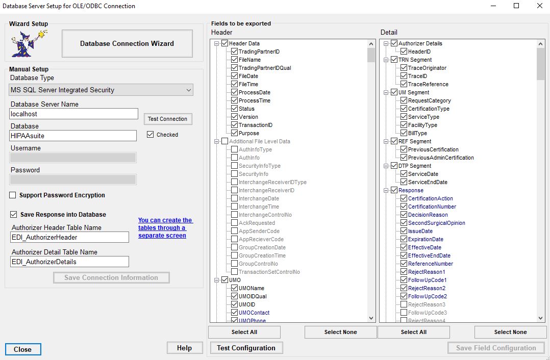 The "Database Server Setup for OLE/ODBC Connection" window.