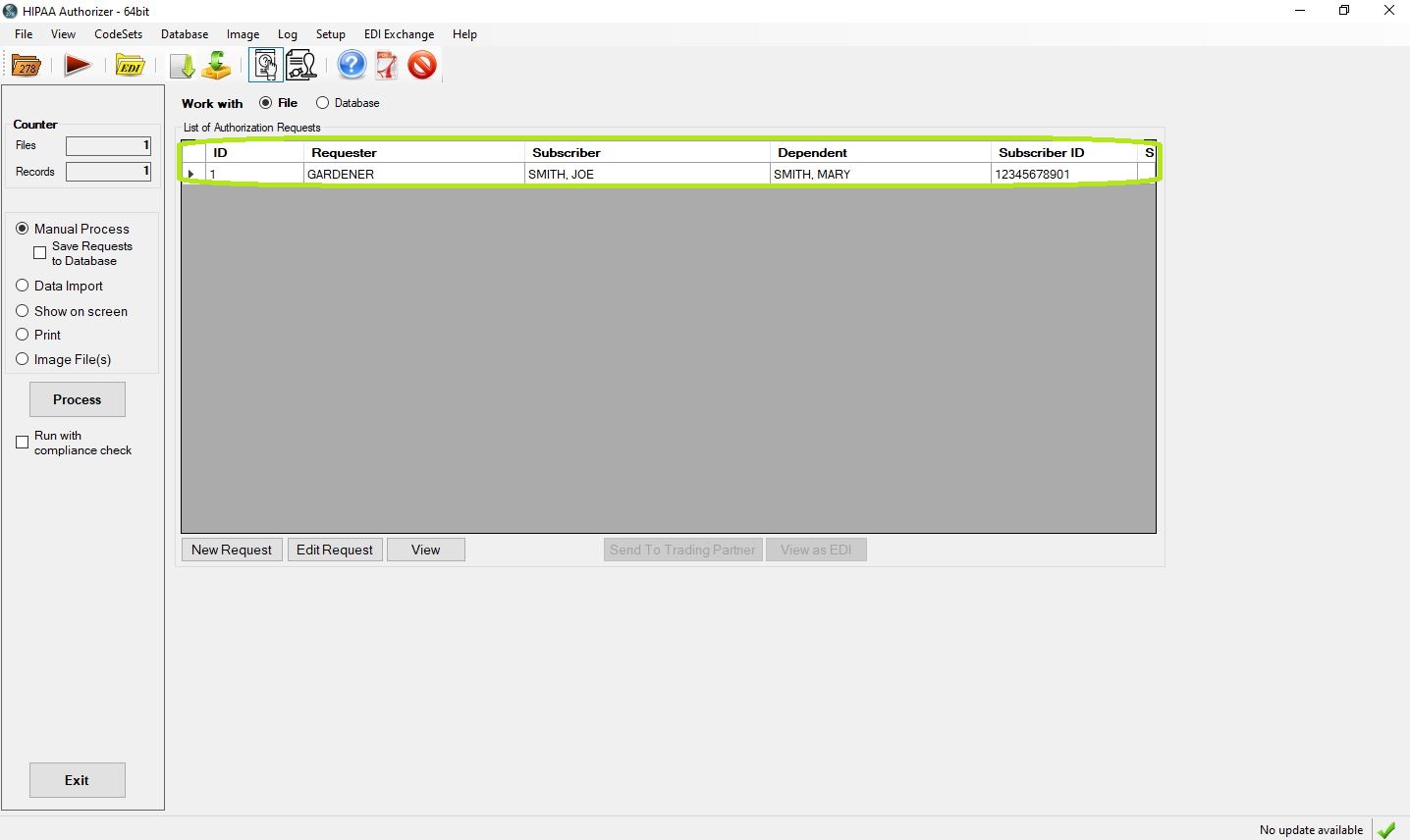 A file is loaded and the individual review requests listed in the grid.