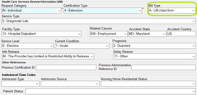 The "Institutional Claim Codes" section.