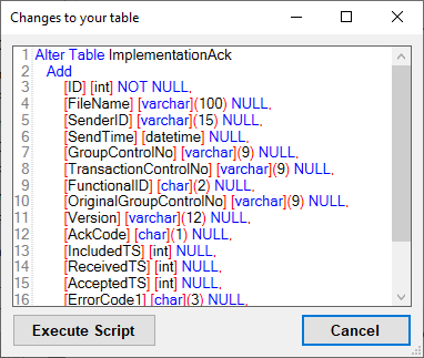 The "Changes to your table" window will show if there are missing or altered fields.