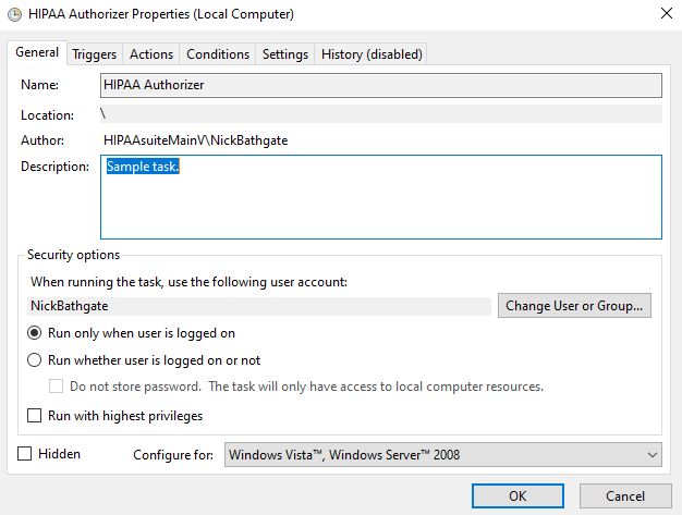 The "HIPAA Authorizer Properties (Local Computer)" window.