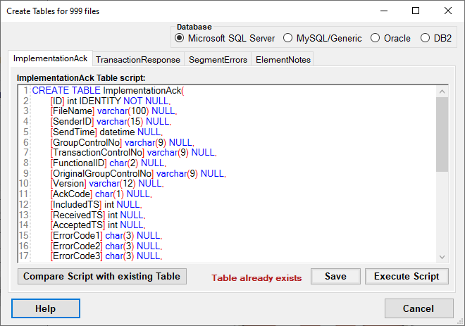 The "Create Tables for 999 Files" window.
