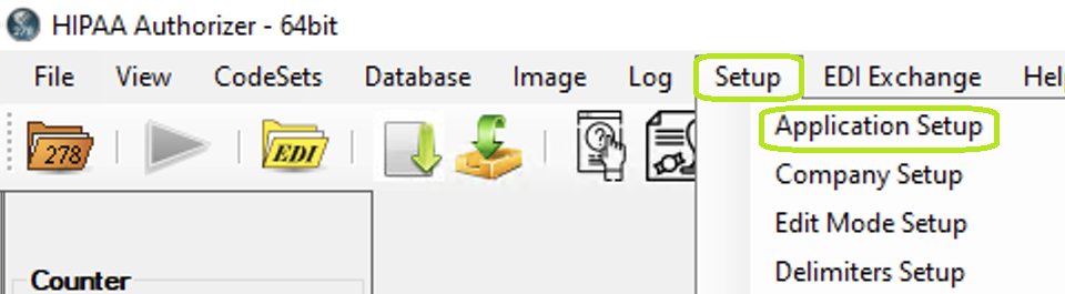 &nbsp;The "Setup" menu and "Application Setup" button.
