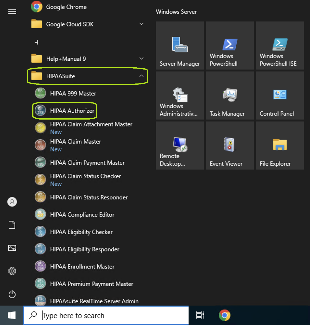 The HIPAA Authorizer application is launched from the "Start" menu.