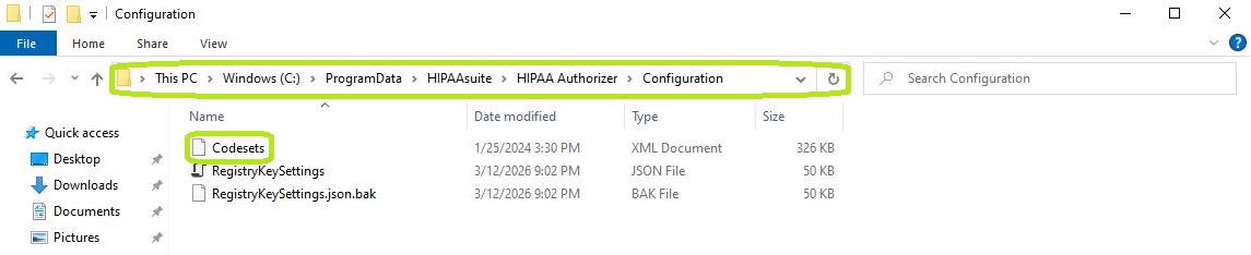 Path to the Configuration folder for the codesets.xml file.