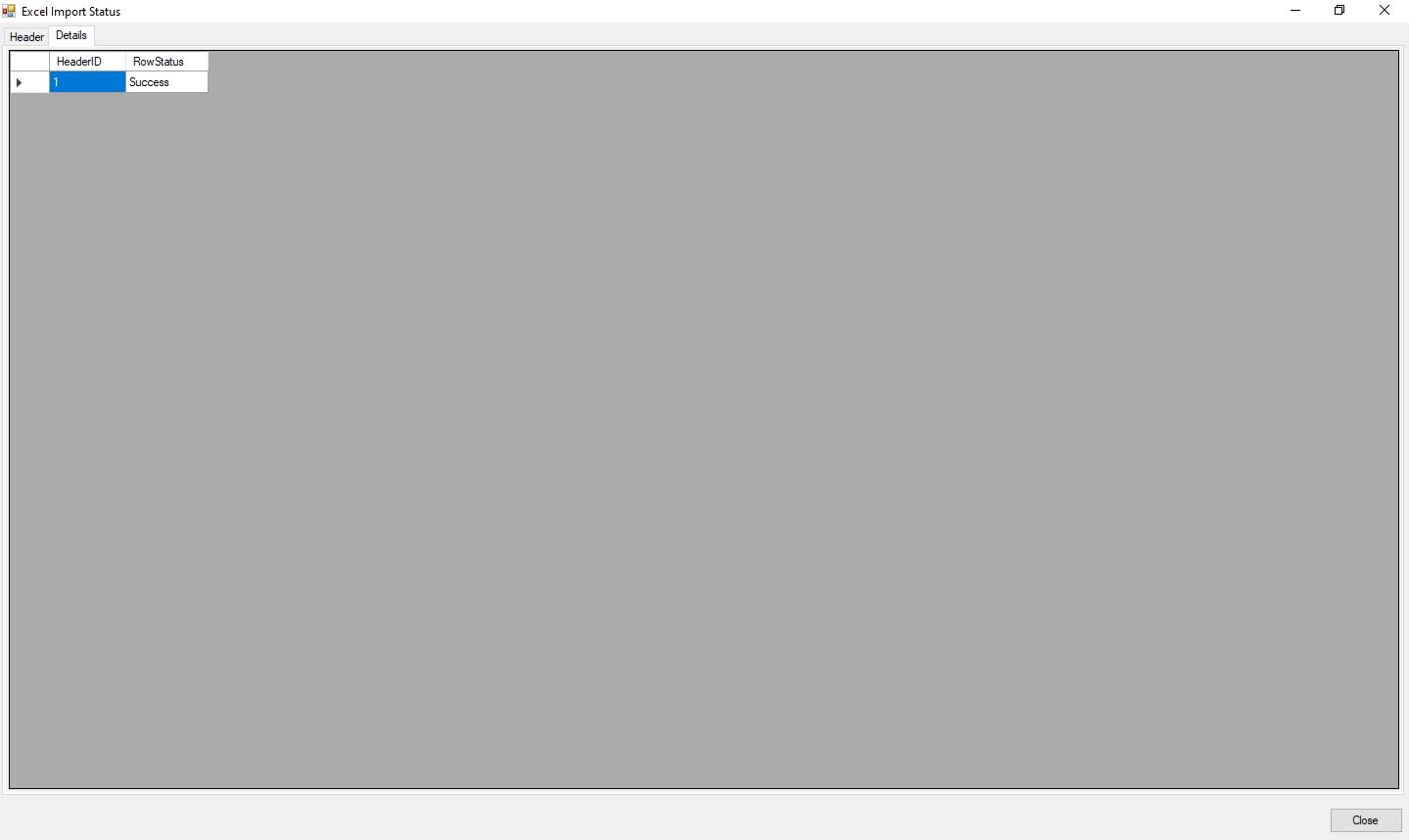The "Excel Import Status" window is displaying the "Details" tab.