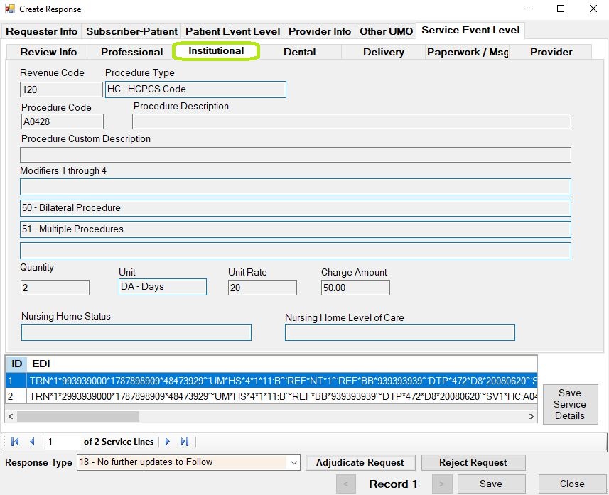 The professional service line information.