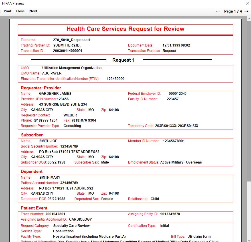 The sample of an 278 EDI request is displayed in a separate window.