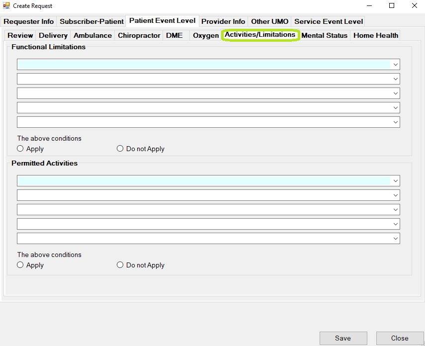 The "Activities/Limitations" tab.