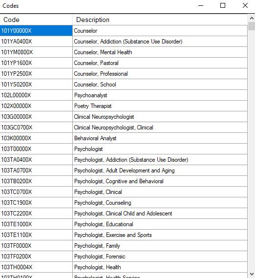 The specialty or taxonomy screen.