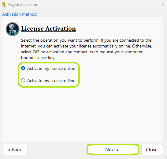 Choose between online or offline activation.