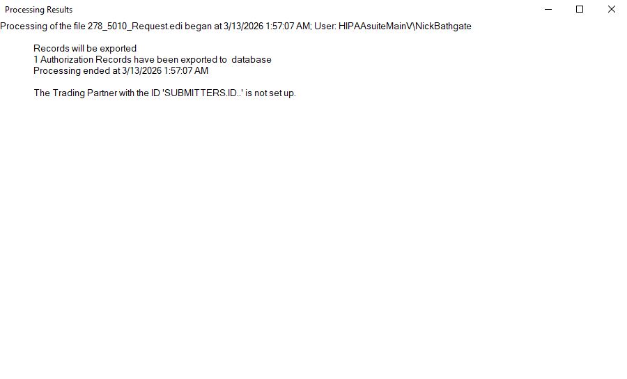 The "Processing Results" window after importing to the database.