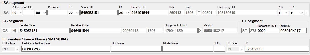 The different EDI segments available to fill out.