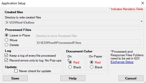 The Application Setup screen.