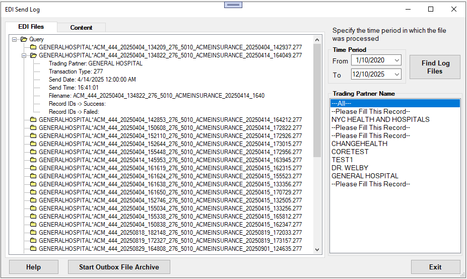 Details of the EDI Send Log results.