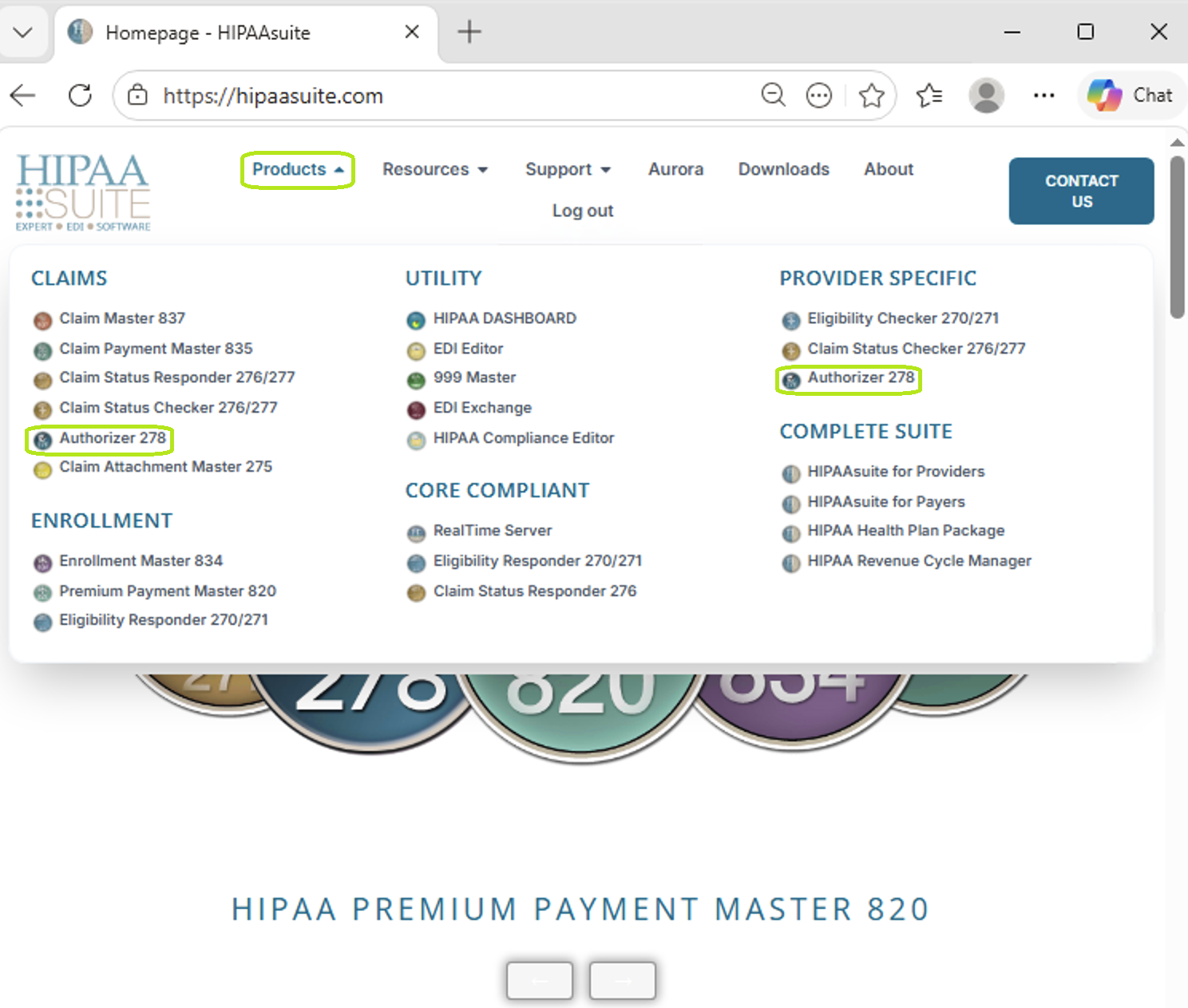 The "Authorizer 278" option is under the Products drop-down menu.