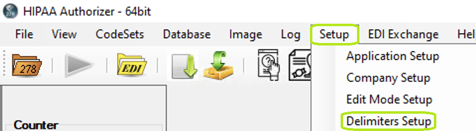 The "Setup" menu and "Delimiters Setup" button.