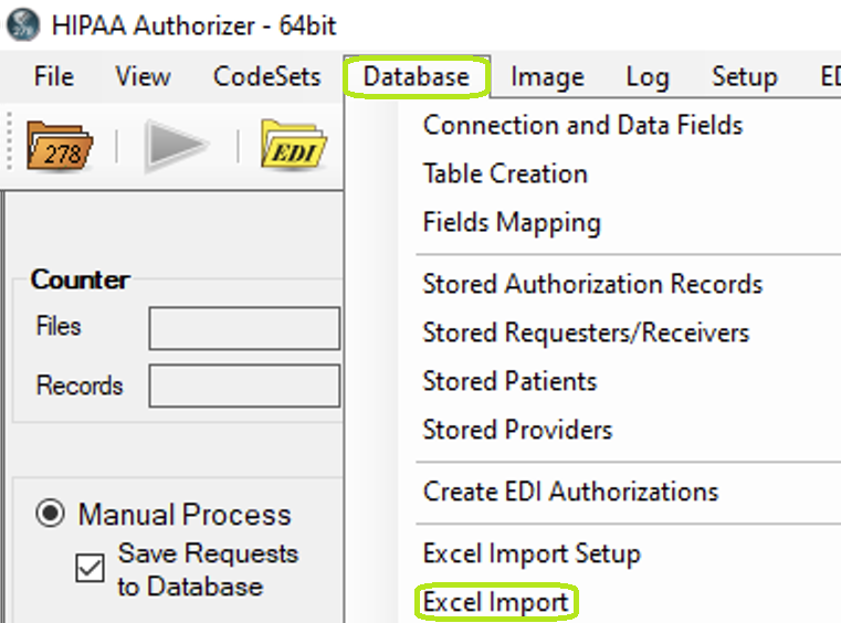 The Excel Import option under the Database tab in the main window.