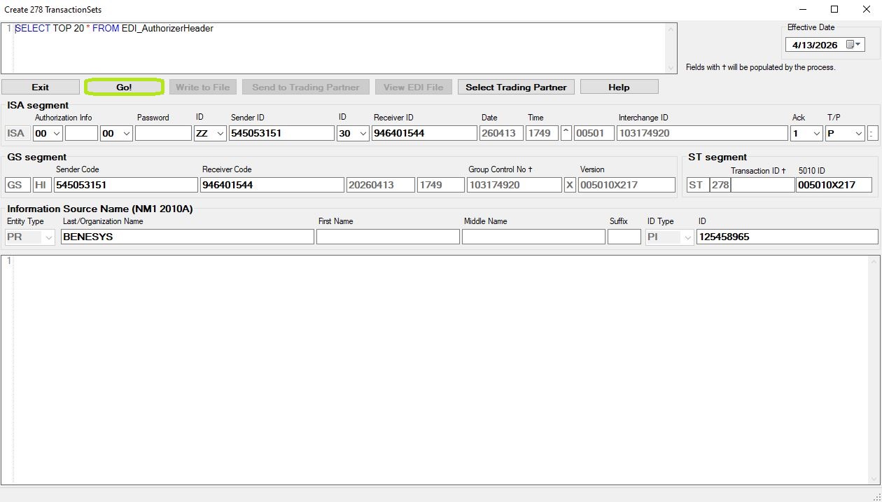 Click the "Go!" button to create the 278 EDI files.